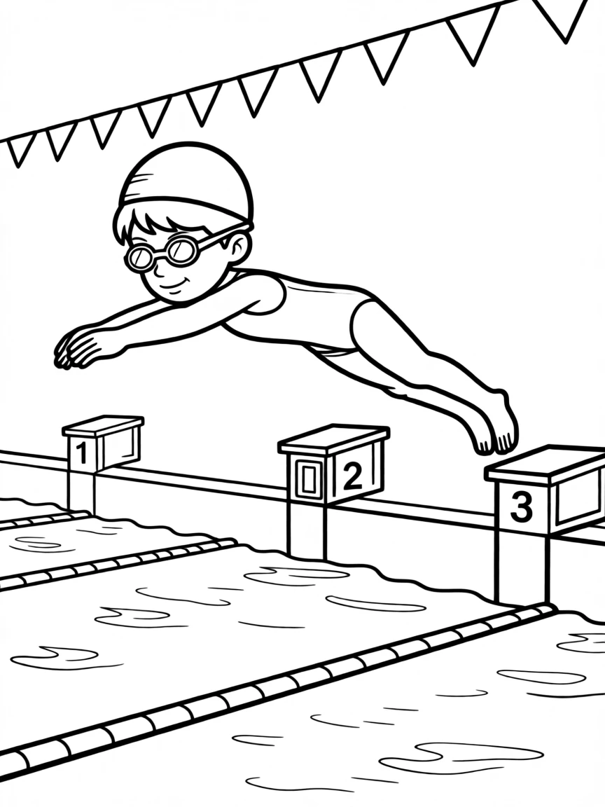 A young swimmer diving into a pool during a race