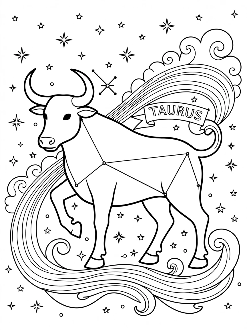 A zodiac constellation illustration of Taurus the bull, formed from connected stars against a night sky filled with smaller stars and swirling nebula clouds.