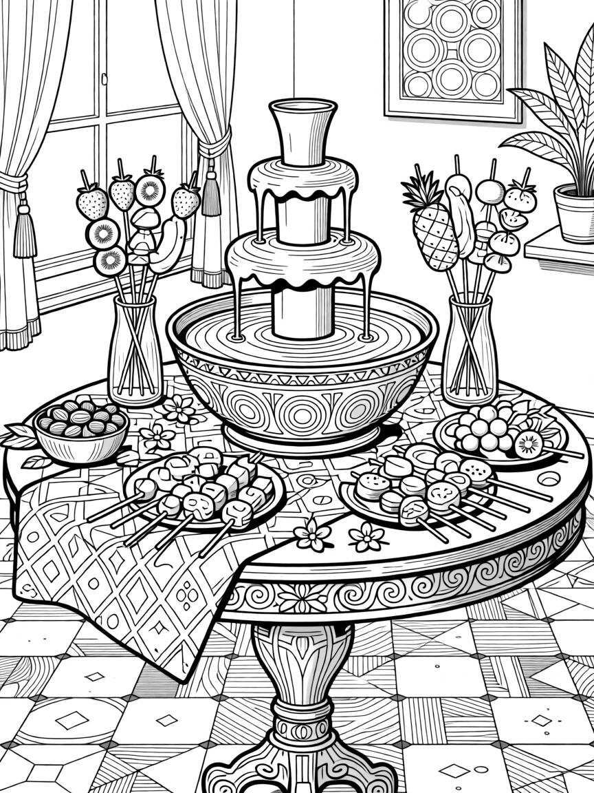 A gourmet chocolate fondue fountain scene surrounded by fruit skewers.