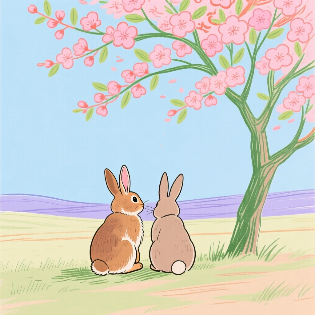 A pair of rabbits watching the horizon under a blossoming tree on a quiet summer afternoon.