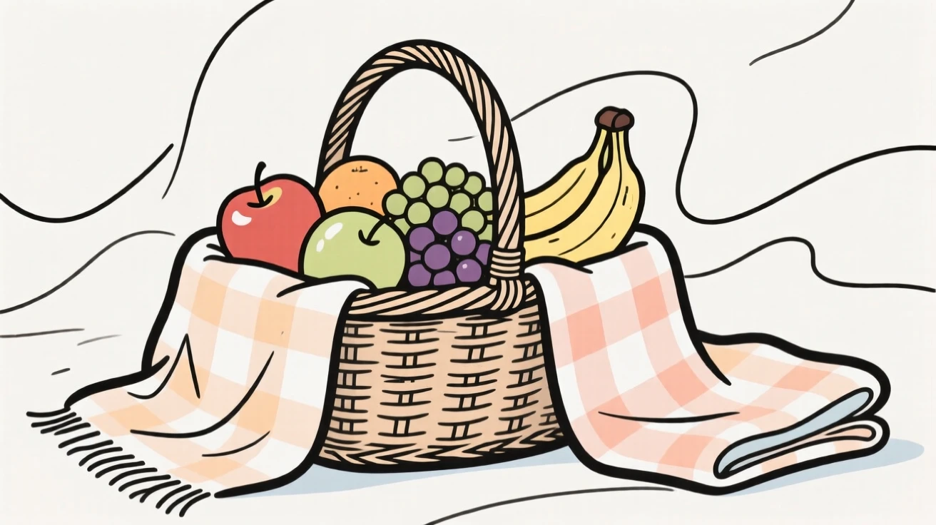 A wicker picnic basket packed with fruit and a checkered blanket.