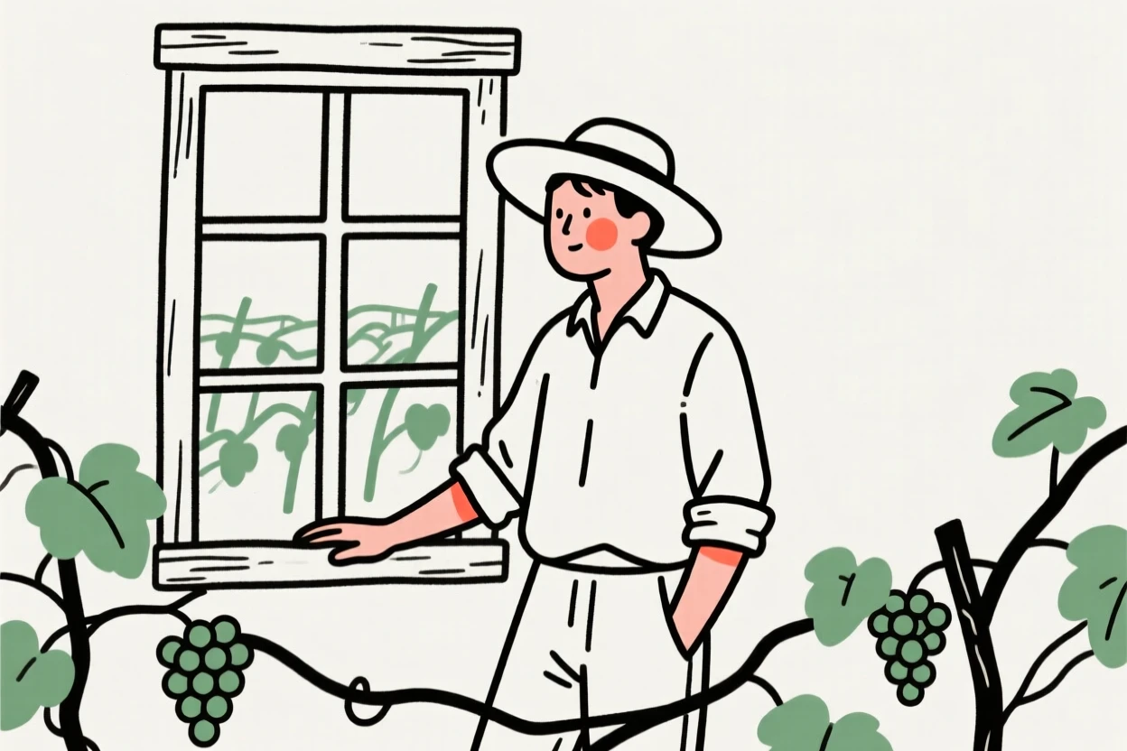 A vineyard worker at harvest, glowing with nostalgia, by a rustic farmhouse window.