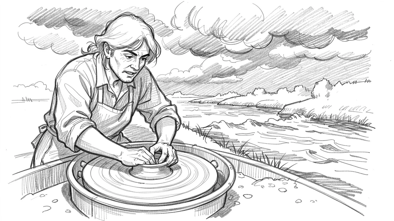 An energetic scene of a potter shaping clay on a spinning wheel beside a rushing river, with dramatic clouds rolling in overhead.