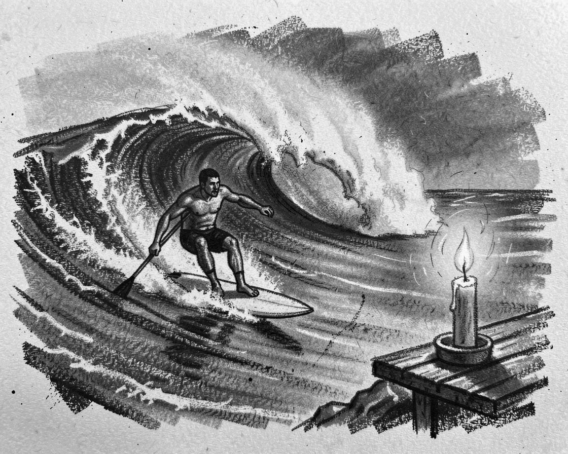 A surfer paddling out toward a rolling wave, as soft candlelight flickers nearby.
