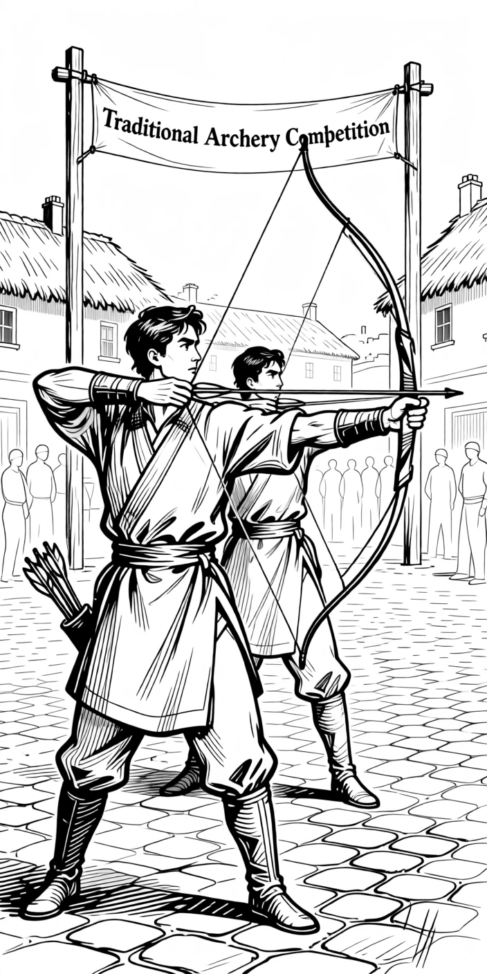 A traditional archery competition taking place in an open village square.