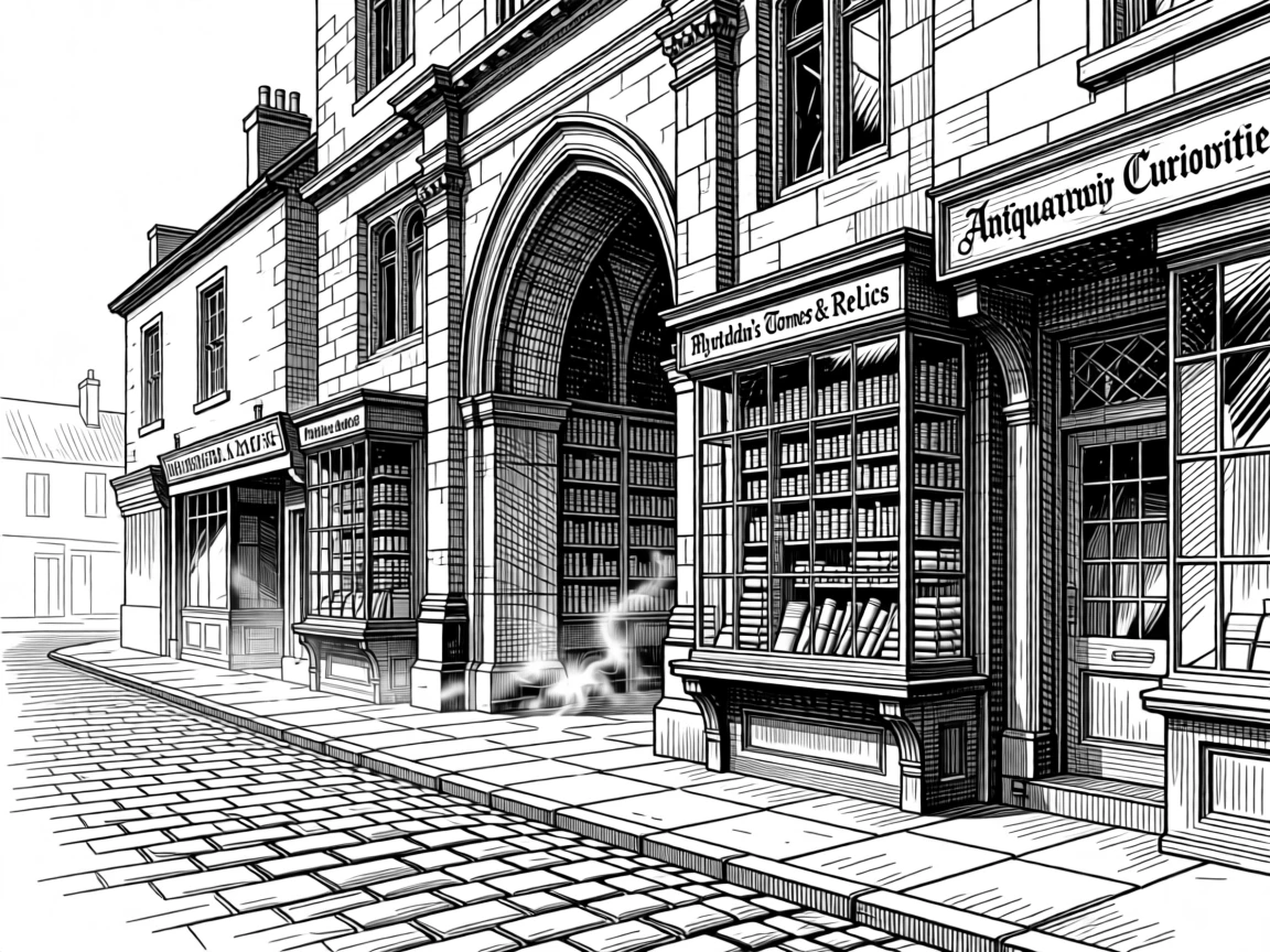 An ancient library filled with scrolls on a cobbled street lined with old shopfronts, with dust rising softly from the ground, portrayed in an epic and majestic historical scene.
