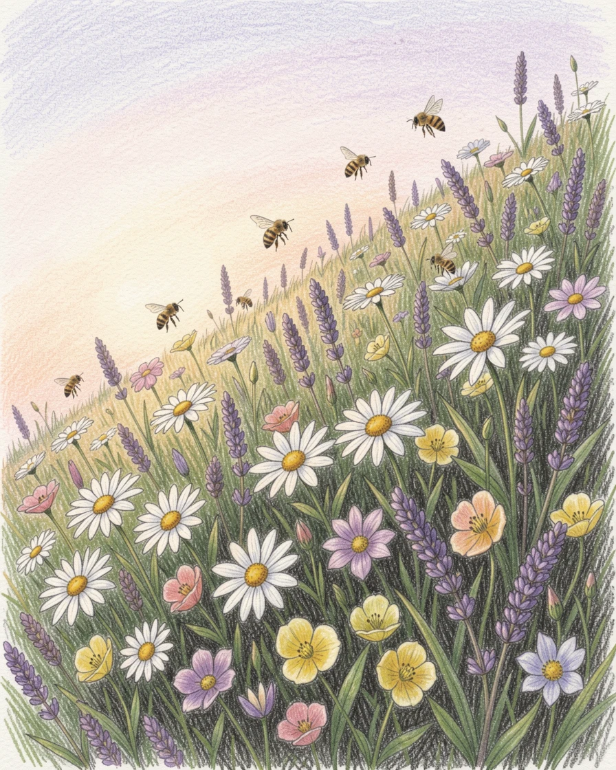 A wildflower hillside where bees drift lazily between blossoms, set against a softly lit, atmospheric backdrop, full of charm, emotion, and visual delight.