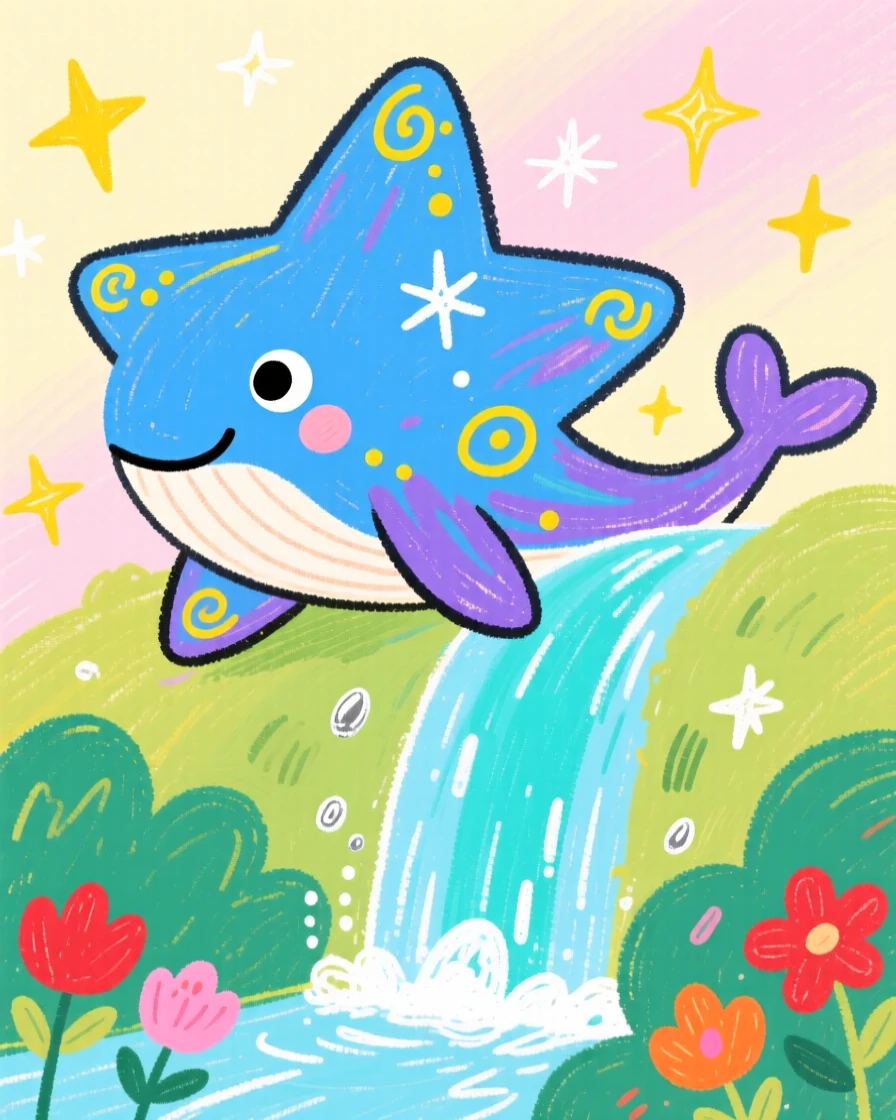 A star whale resting beside a sparkling magical waterfall.