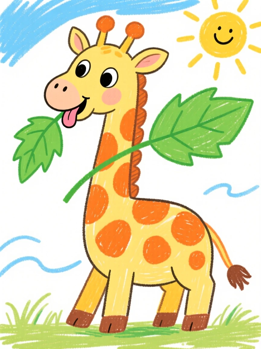 A wobbly baby giraffe nibbling on a fresh green leaf.