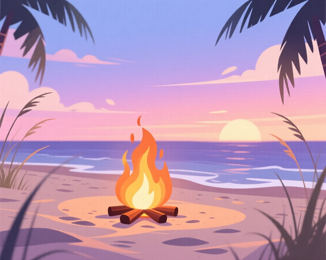 A summer beach bonfire glowing as the sun sets, set against a soft glowing seasonal sunset, framed with natural light suited to the time of year, with a fresh, crisp atmosphere throughout.