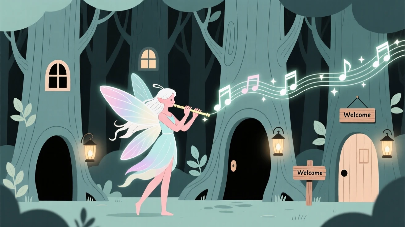 A forest fairy playing a magical flute near a hollow tree village.