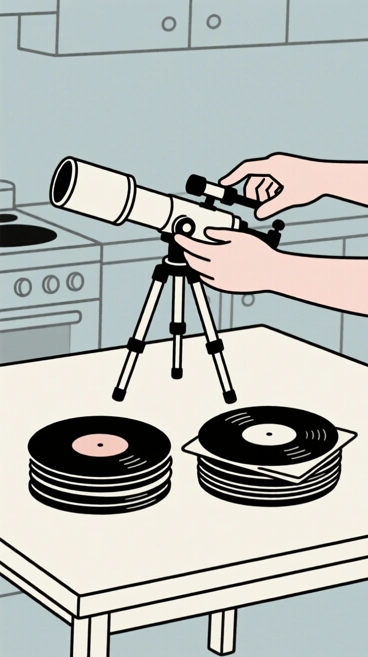 A close view of hands stargazing through a telescope near stacks of vinyl records in a kitchen table, full of joyful discovery.