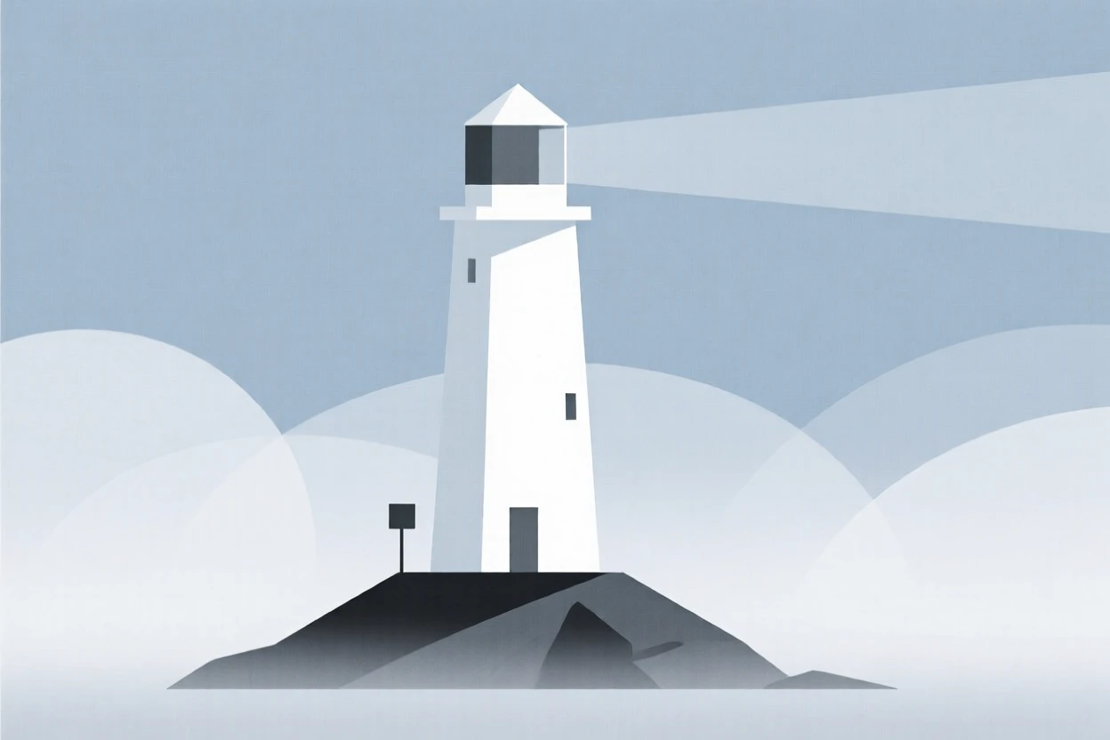 A lone lighthouse guiding through fog