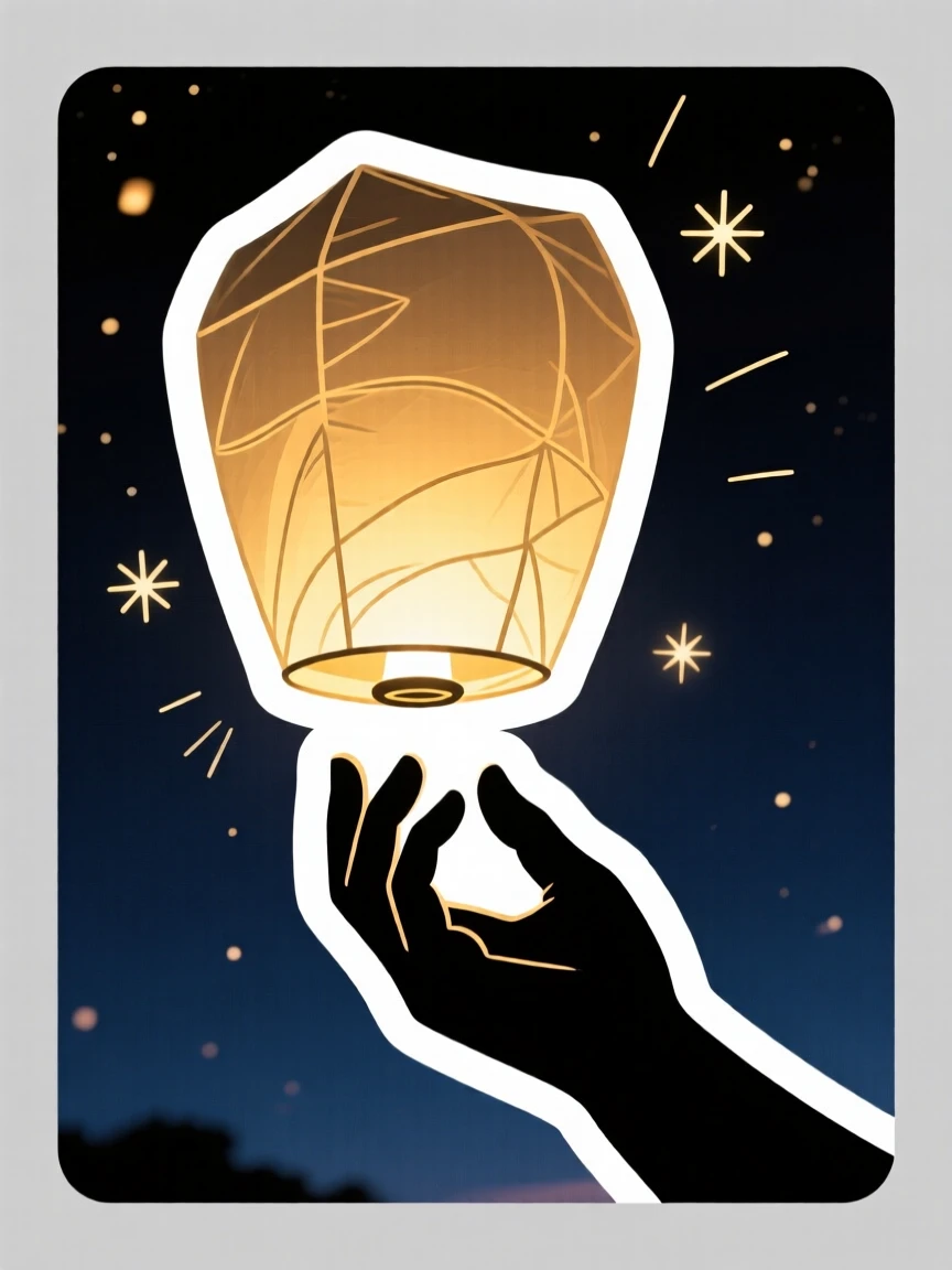 A quietly powerful scene of a hand releasing a paper lantern into the night sky, radiating a quiet sense of possibility, reminding us that every step forward matters.