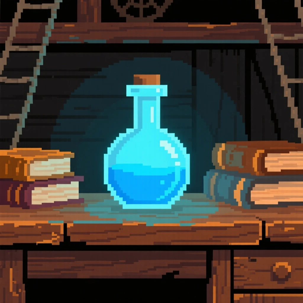 A potion bottle glowing faintly blue sitting on a shelf beside dusty books, on a captain's desk aboard an old ship.