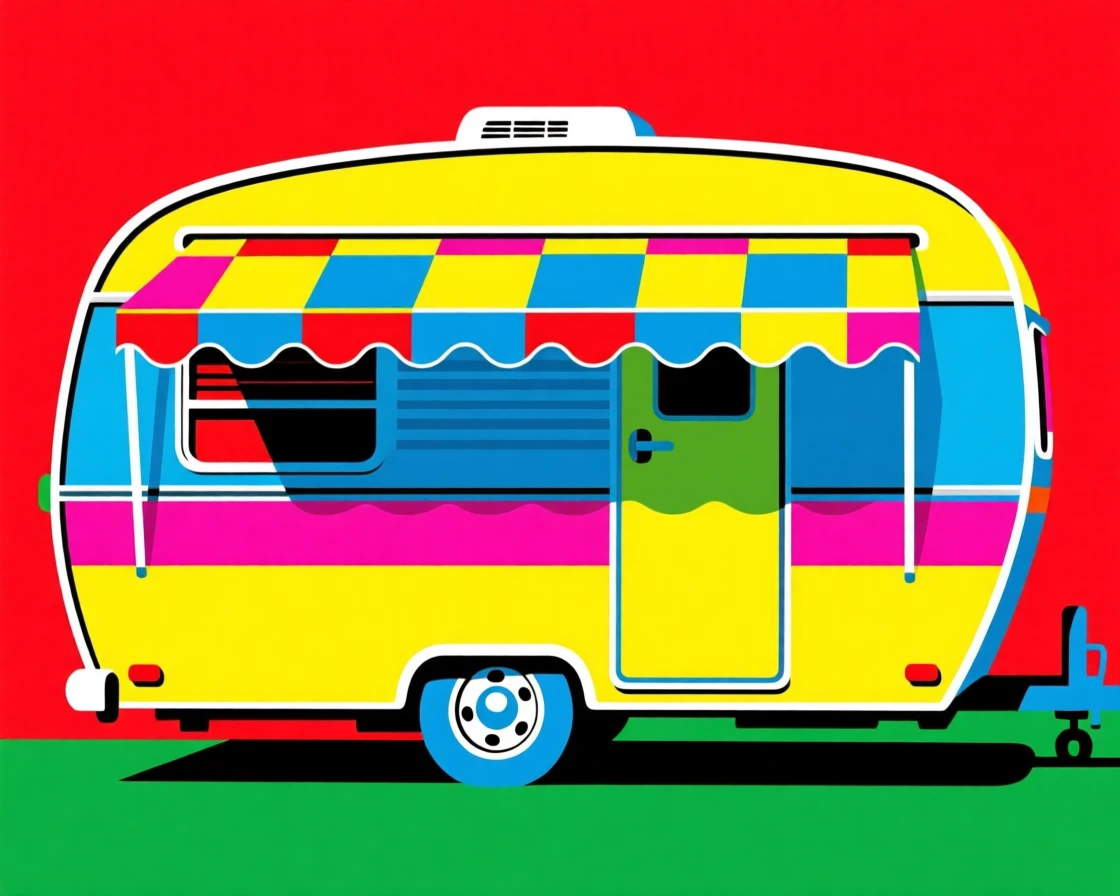 Vintage travel trailer with a checkered awning