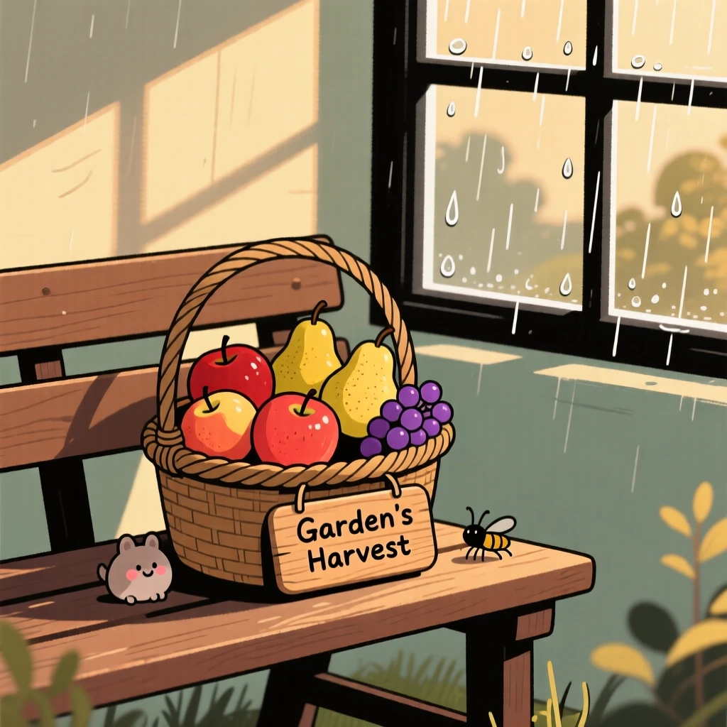 A garden bench holds a simple arrangement of ripe fruit in a woven basket, lit softly by late afternoon light beside a rain-speckled pane.