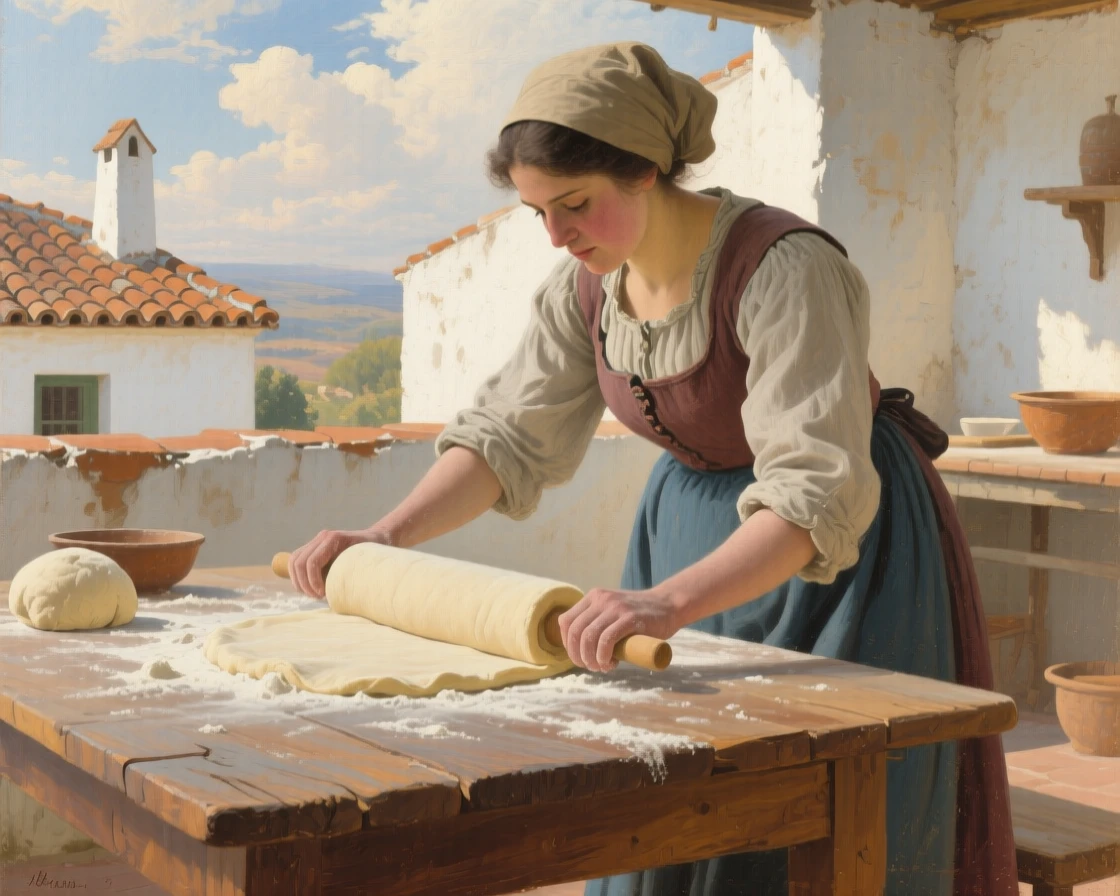 An intimate close-up of a woman rolling out dough on a flour-dusted wooden table, beneath drifting clouds, in Andalusia.