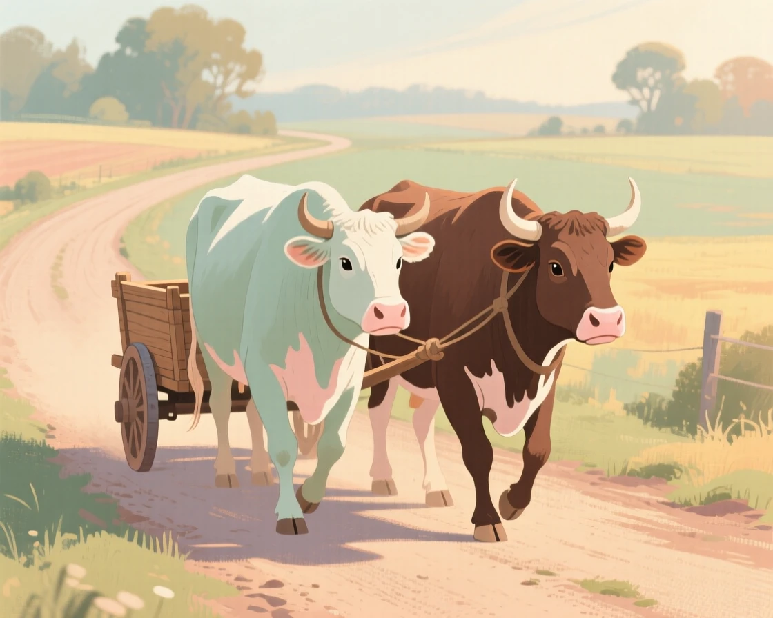A pair of oxen pulling a wooden cart along a dirt farm road