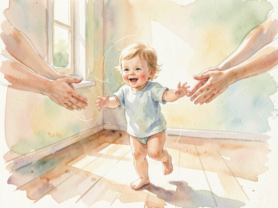 A toddler taking first steps toward outstretched arms with laughter filling the air.