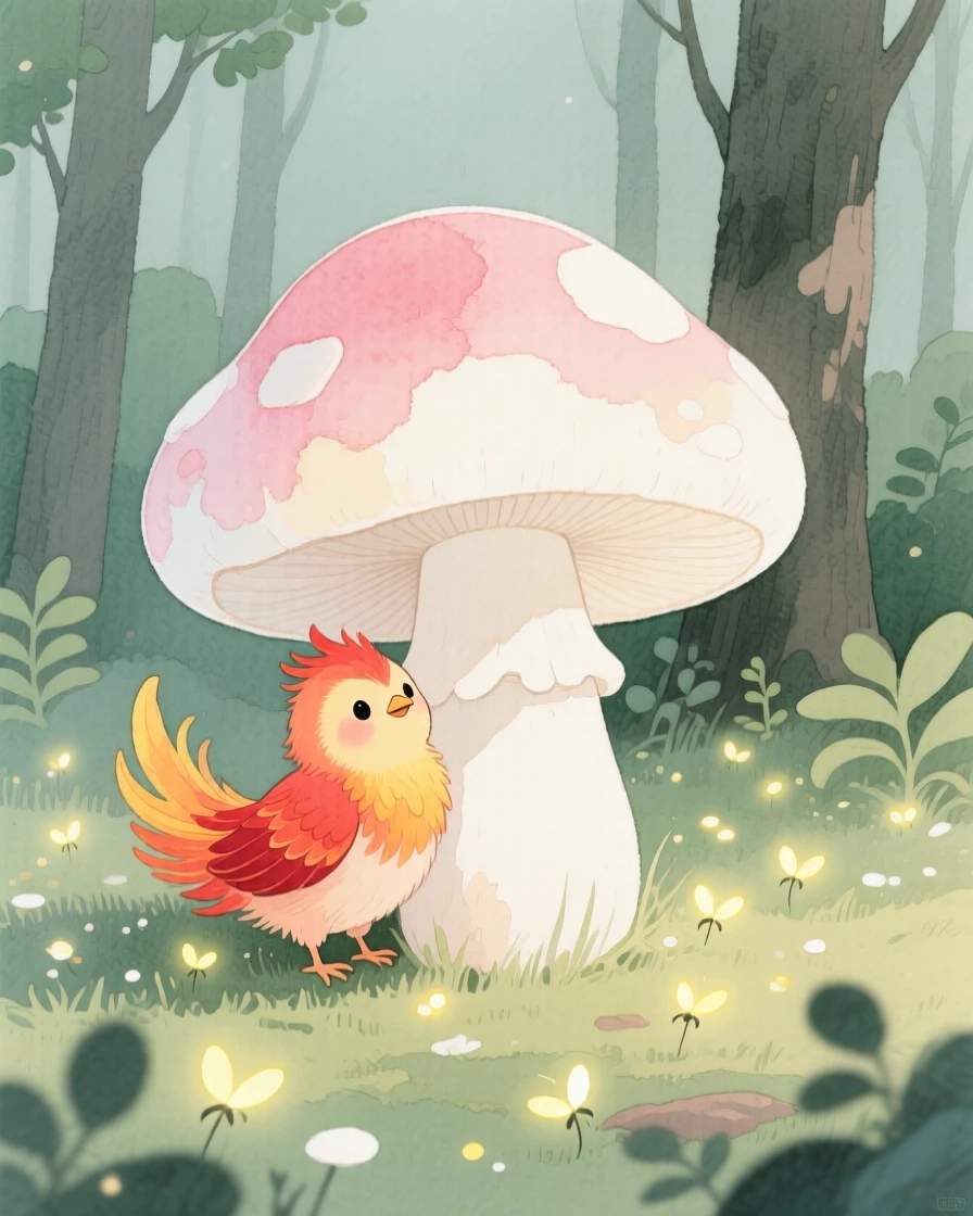 A tiny baby phoenix peeks out from behind a giant mushroom in a hidden forest glade, as tiny lights twinkle all around