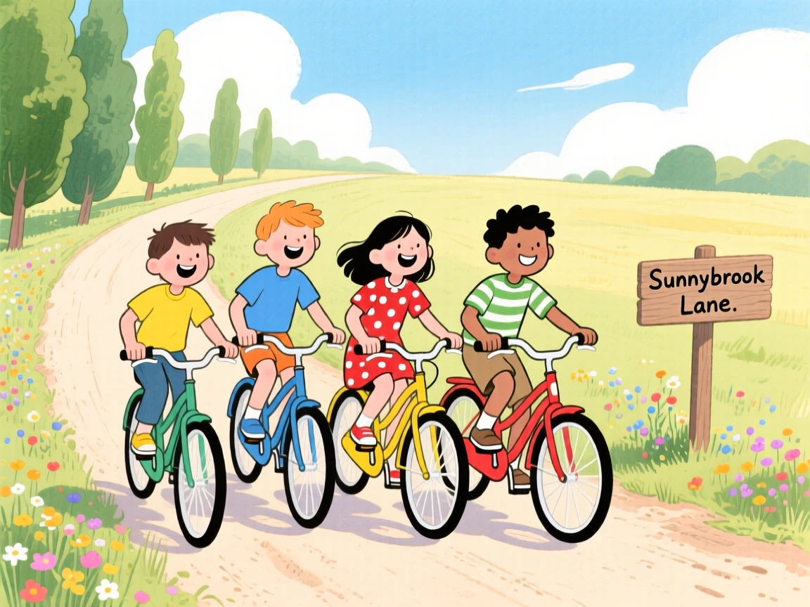 A group of friends riding bicycles down a country lane, full of warmth and laughter.