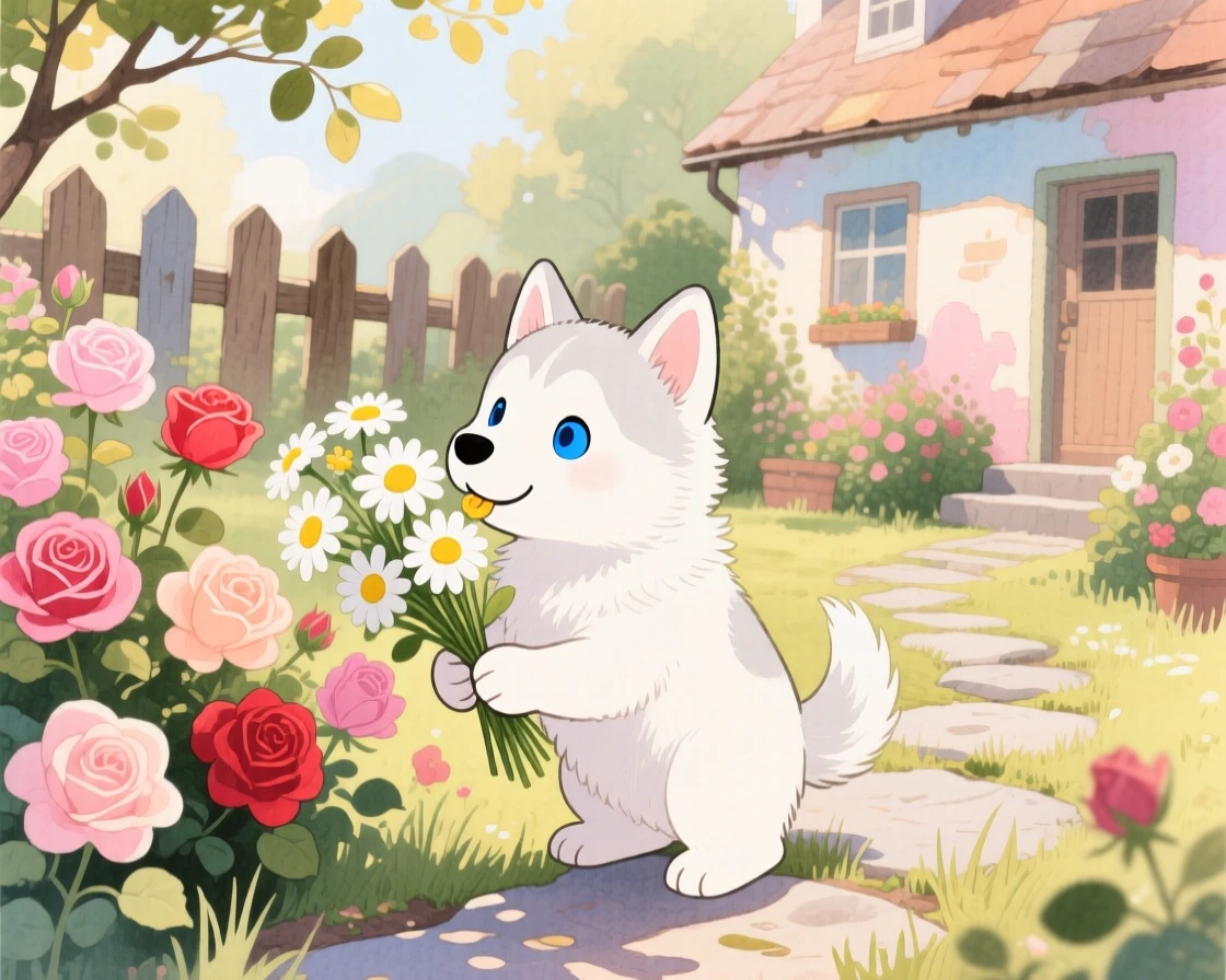 A snow-white husky puppy sniffing a bouquet of daisies, set in a sunny cottage garden overflowing with roses, radiating pure innocent joy.