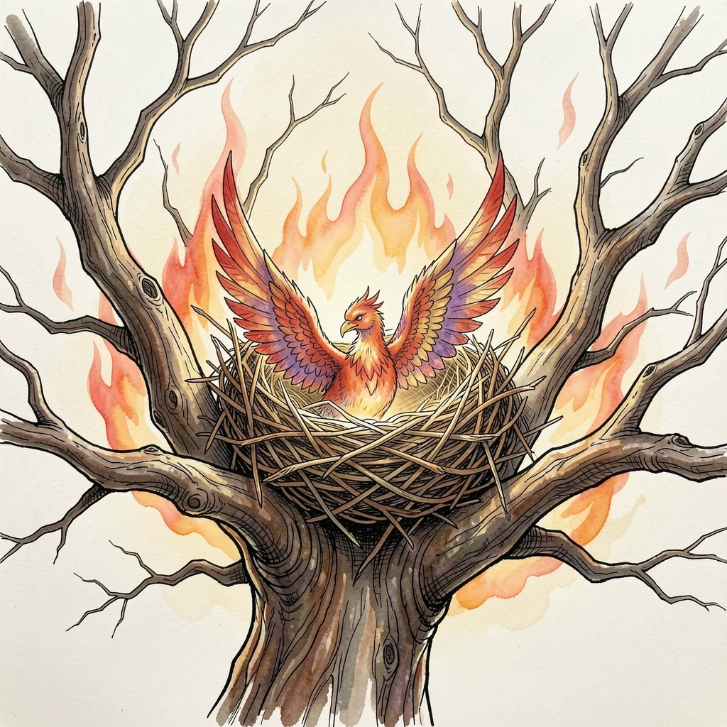 A phoenix nest cradled in the branches of a burning yet unconsumed tree, a soft magical glow illuminating the entire scene.