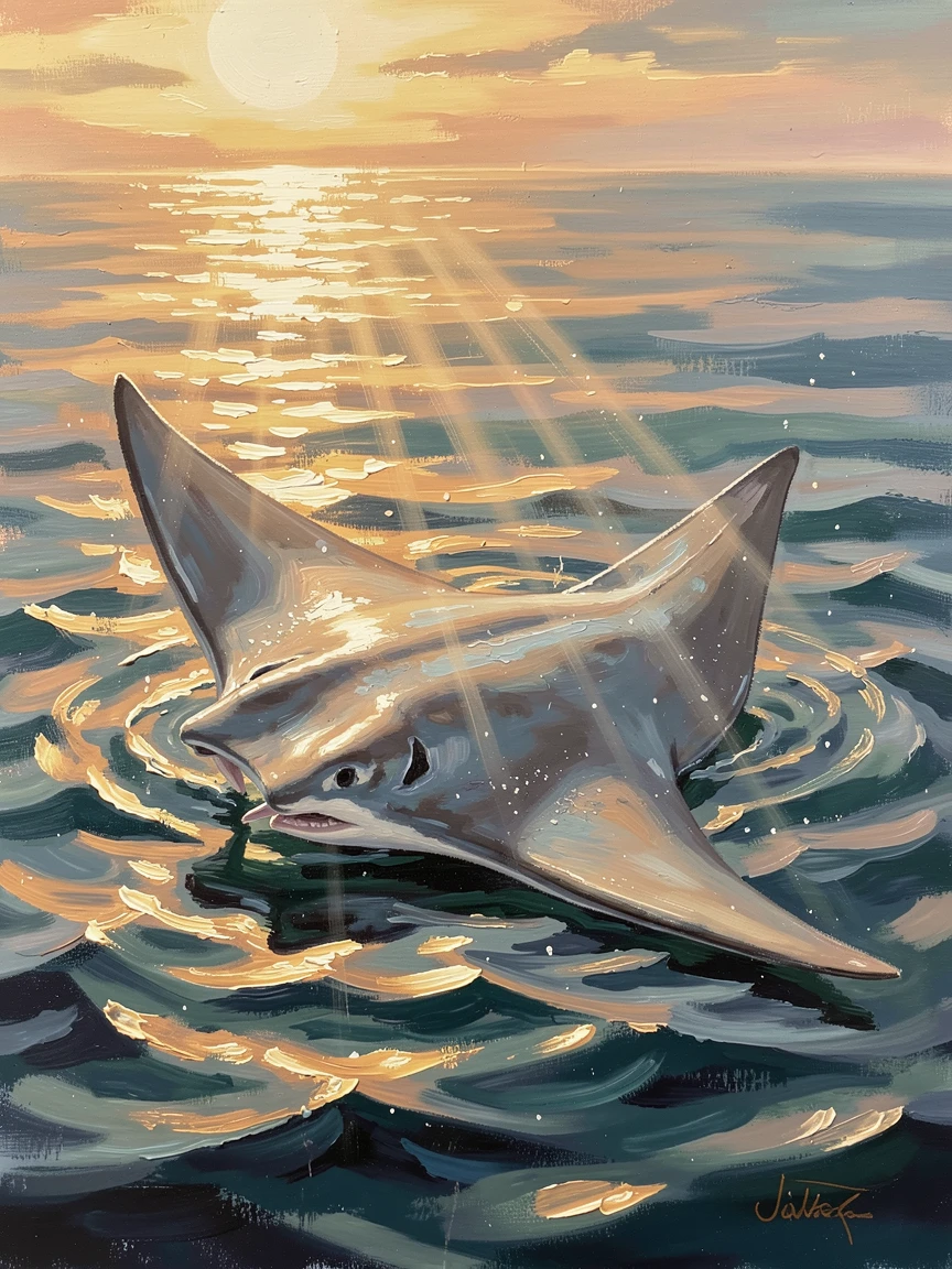 With the surface glowing gold at sunset above, a manta ray gliding silently through open water, near the surface where sunlight filters down in shafts, light dancing across its glistening skin.