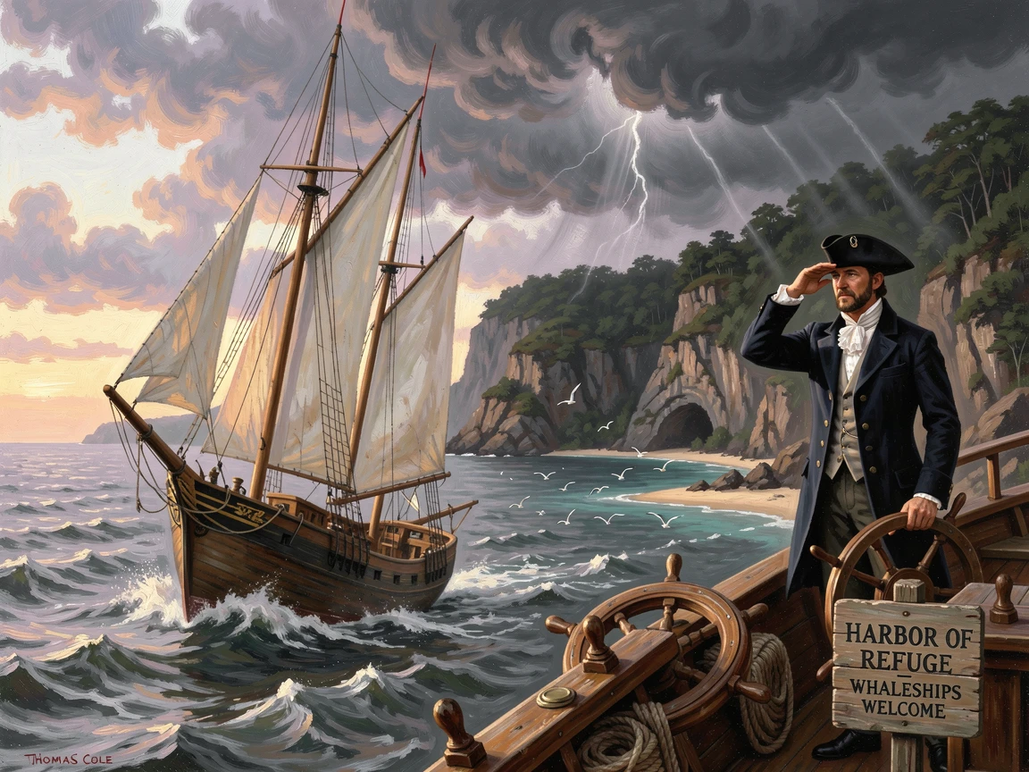 A whaling ship races against a storm toward a quiet cove at first light while the captain studies the horizon.