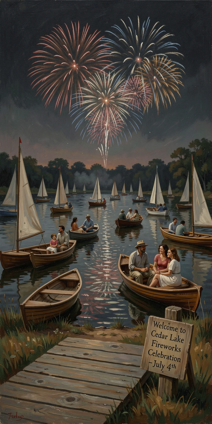 A festive Fourth of July fireworks show over a lake filled with boats, as the whole scene radiates warmth and togetherness, radiating comfort, celebration, and heartfelt togetherness