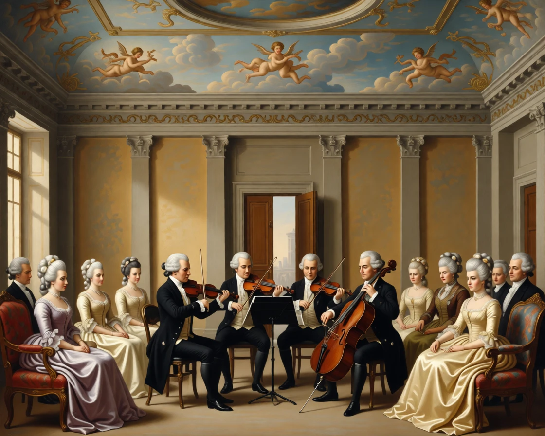 A string quartet performing for seated aristocratic guests just before the grand doors are thrown open, set beneath a painted ceiling depicting cherubs and clouds, with silk gowns, powdered wigs, and glittering jewels catching the light; rich architectural framing lends grandeur without crowding the figures, capturing the warmth of family bound by legacy.
