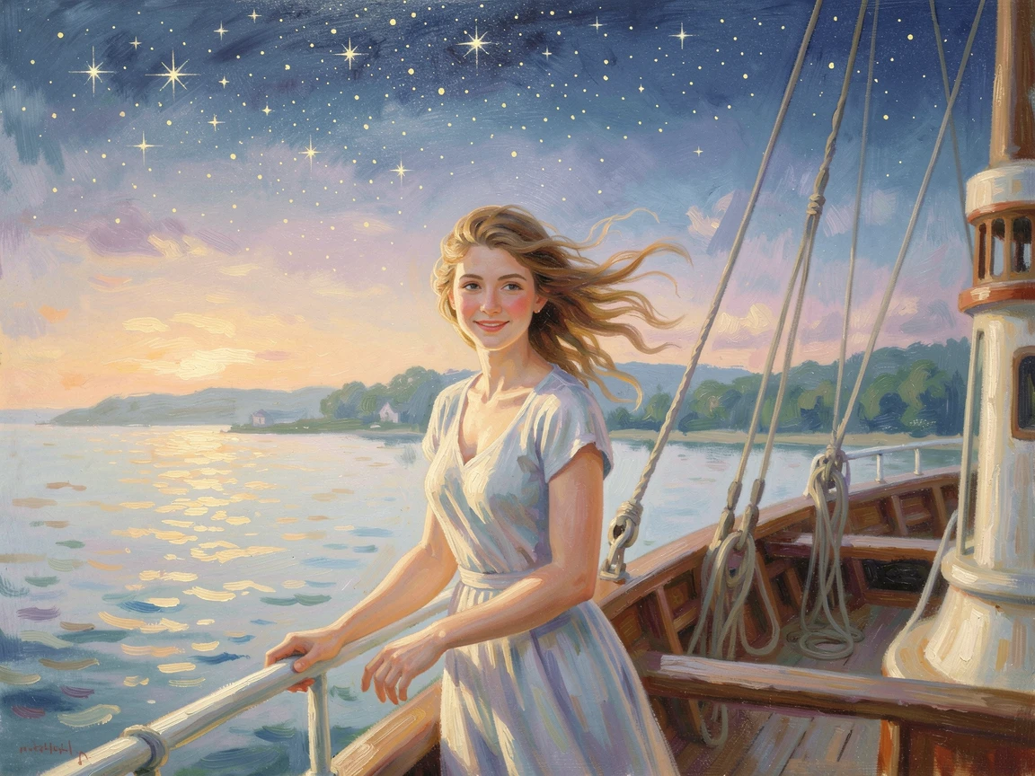 A young woman standing at the bow of a ship, wind catching her hair as the coastline fades behind her, under a canopy of stars, capturing a fleeting moment of pure happiness.
