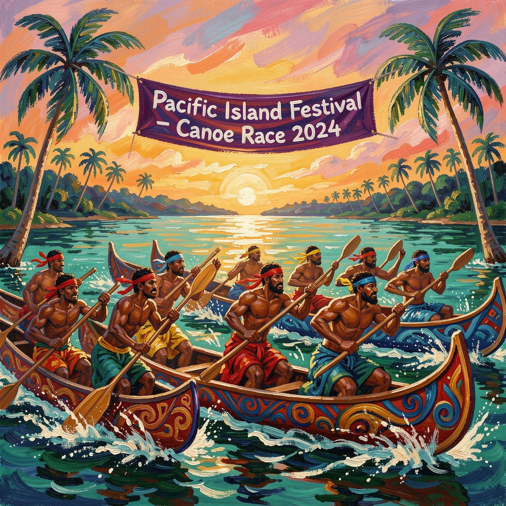 Traditional canoes racing across a lagoon during a Pacific island festival.