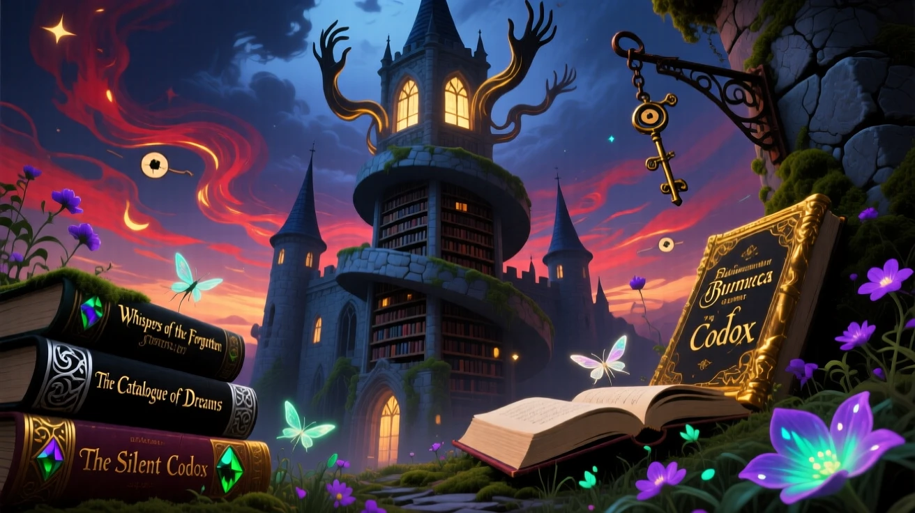 A castle tower library where the books whisper faintly to themselves glows faintly from within as evening settles over it, as moss and wildflowers creep gently across old stone.
