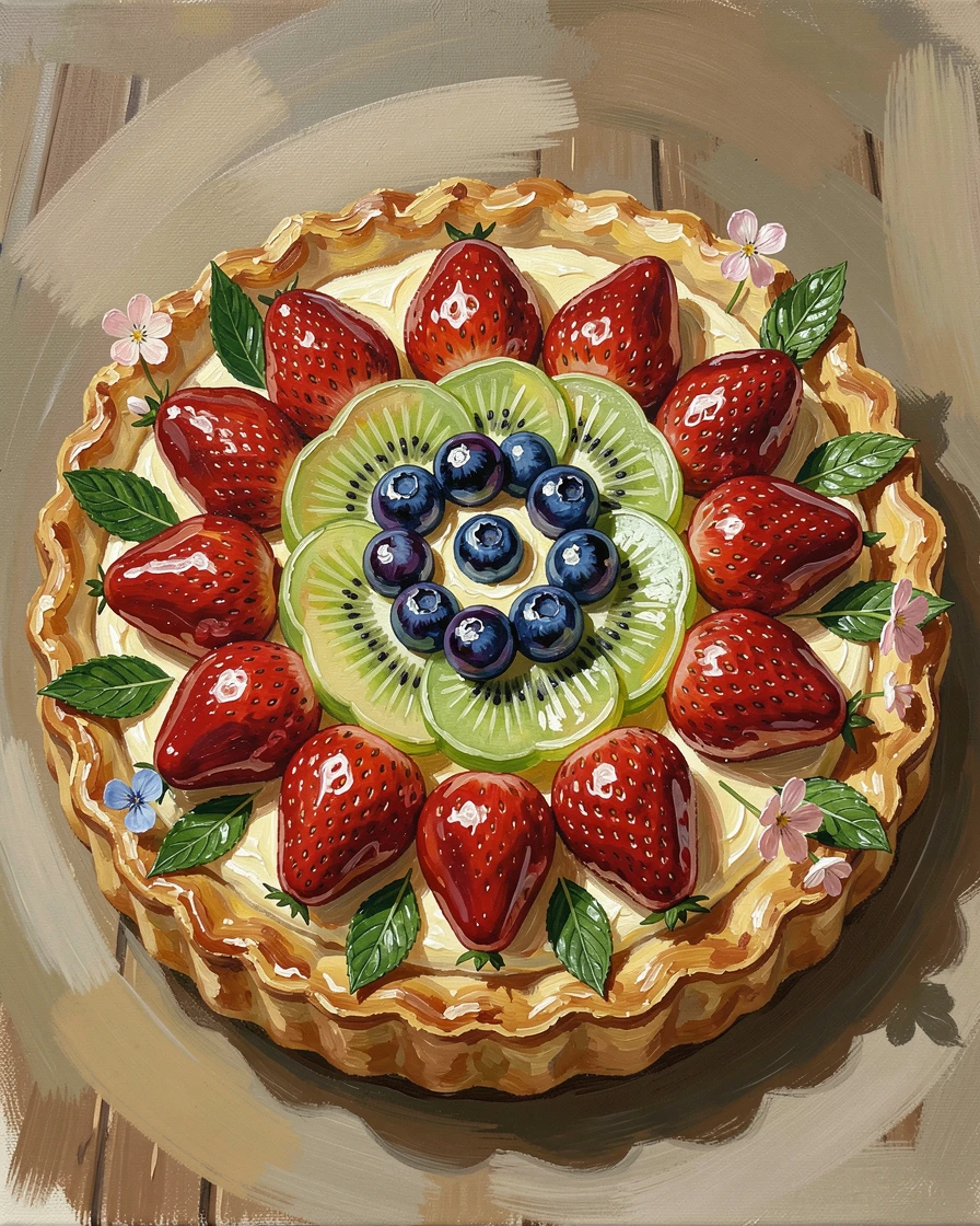 A vibrant fruit tart glistens with glazed strawberries, kiwi, and blueberries arranged in a perfect spiral atop golden pastry cream, small garnishes and finishing touches arranged with quiet, deliberate care.