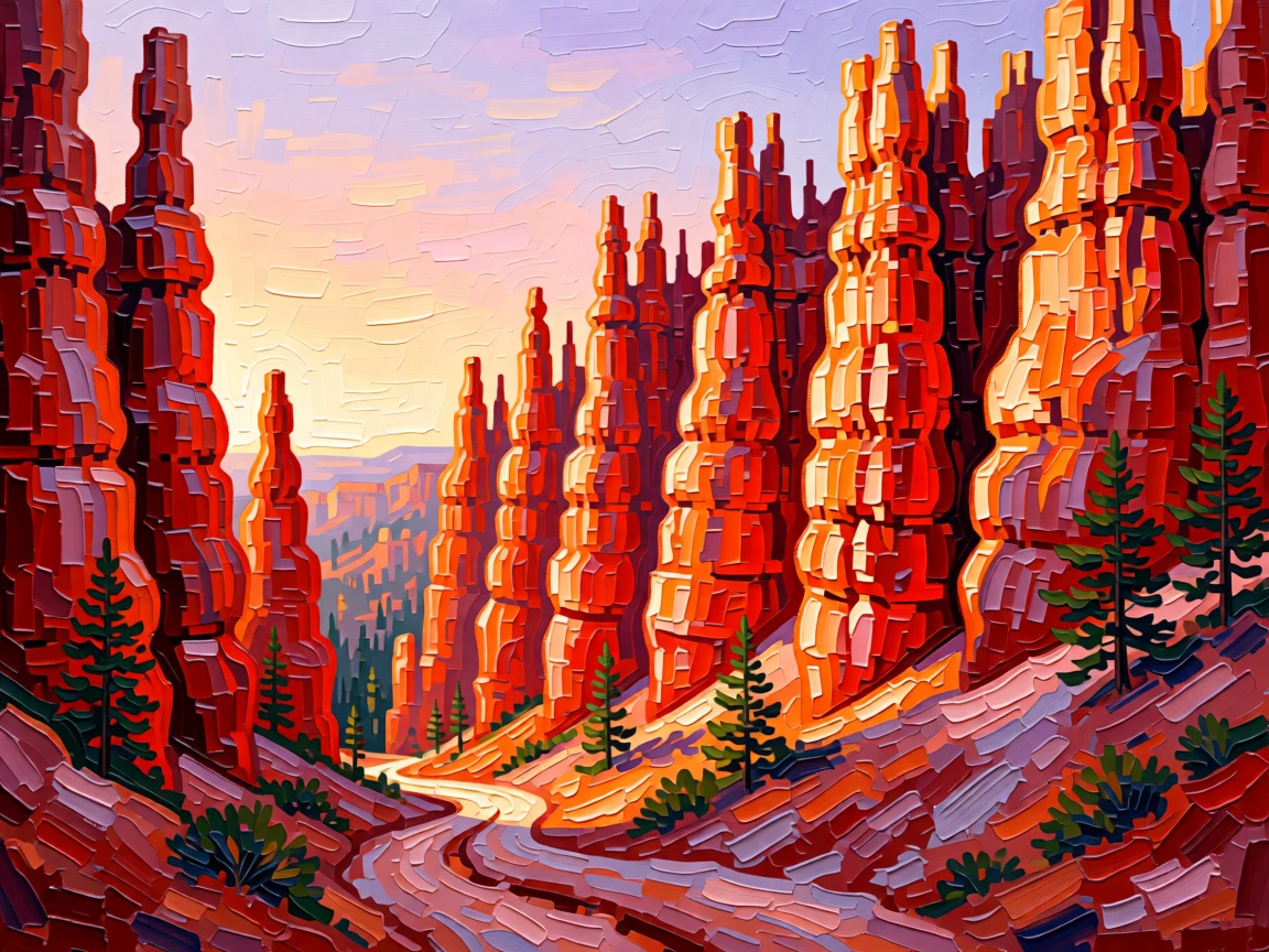 A canyon of towering red rock spires in Bryce Canyon glowing at first light