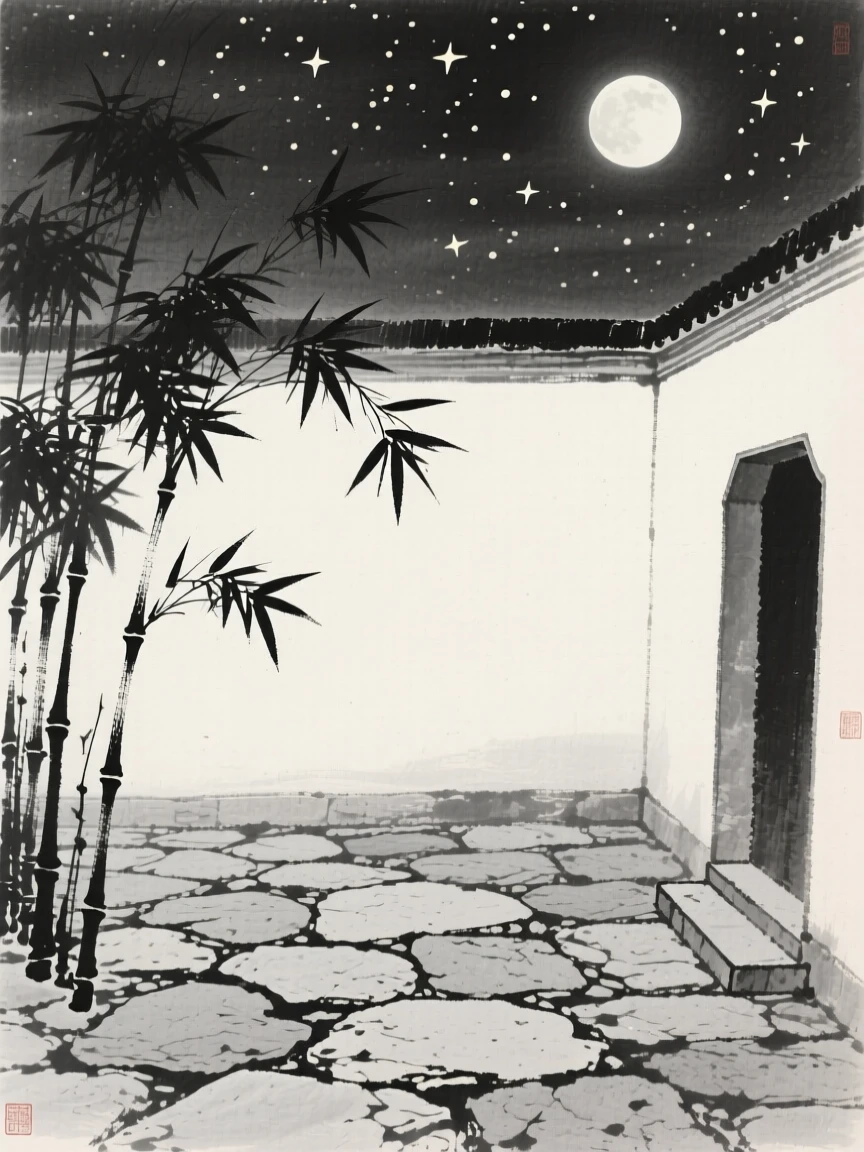 Moonlight filters through bamboo leaves onto a quiet stone courtyard, beneath a canopy of scattered stars.