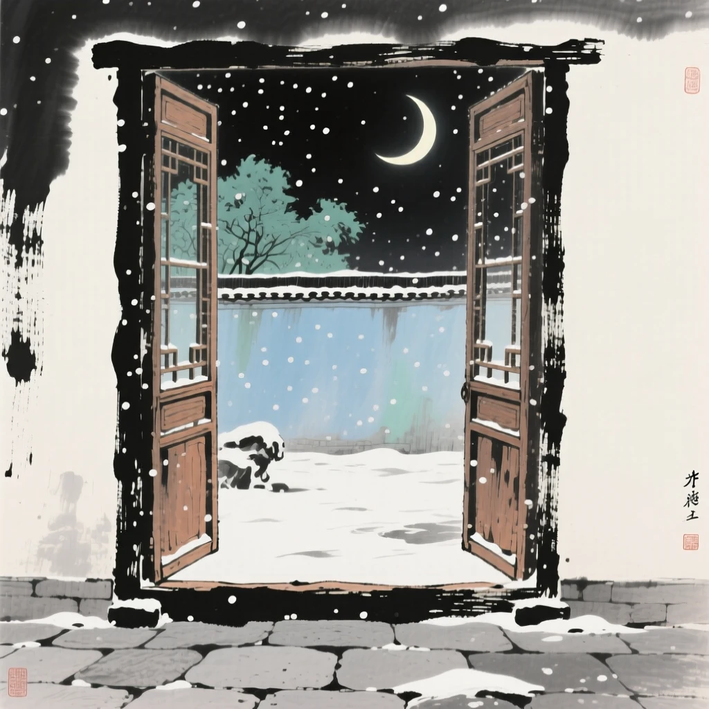 A solitary window open to a courtyard filled with falling snow, beneath a crescent moon.