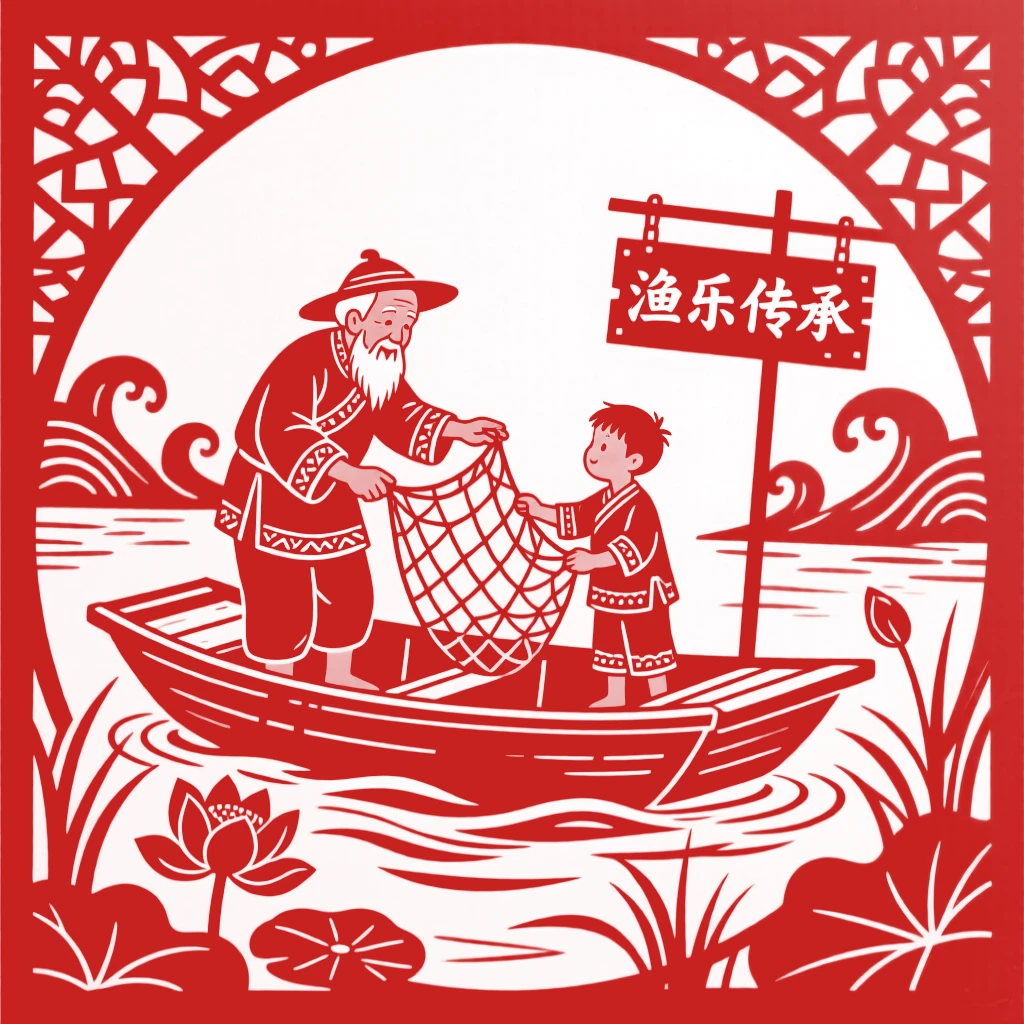 An elderly fisherman teaching his grandson to cast a net from a small riverboat at dawn