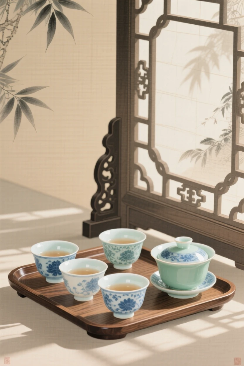A tray of tea cups arranged for a ceremony in soft afternoon light beside a paper screen