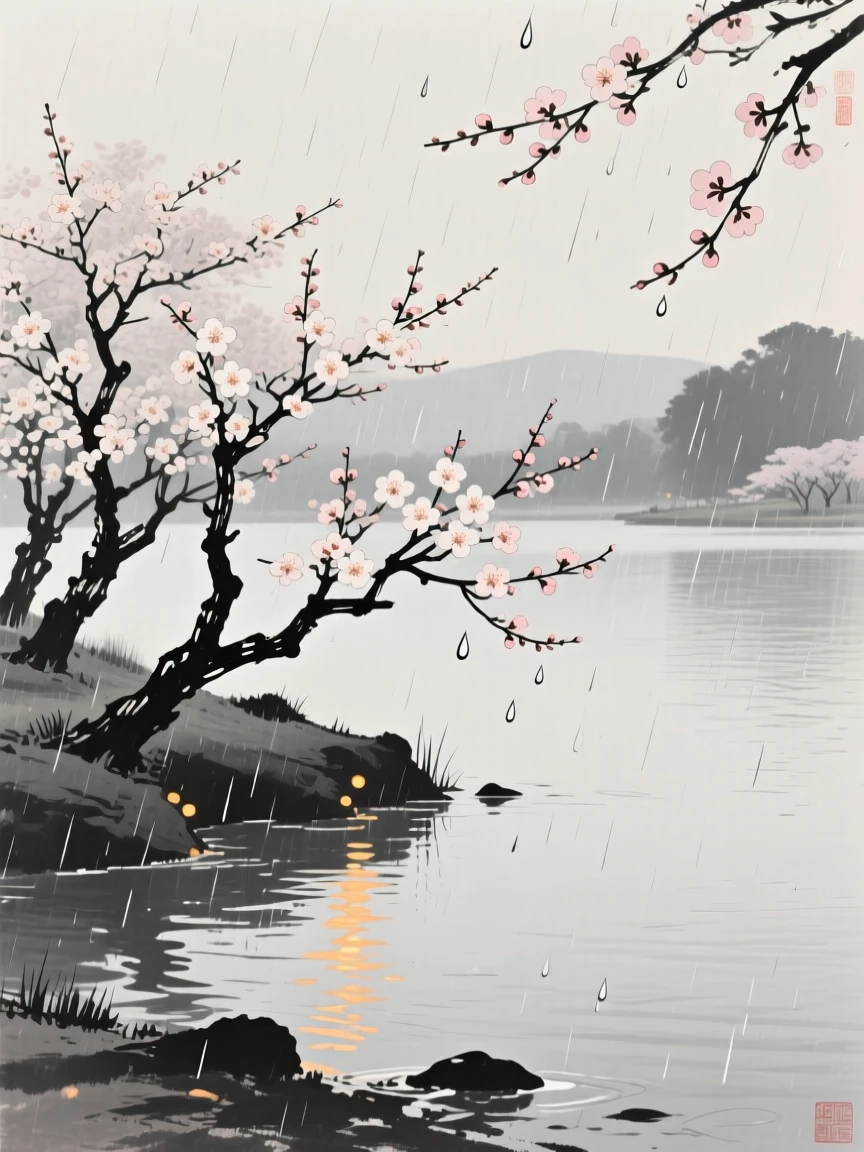 A gentle spring rain falling over blooming plum trees along the shore of a calm lake, balanced between soft shadow and warm points of light, conveying cozy stillness and seasonal wonder.