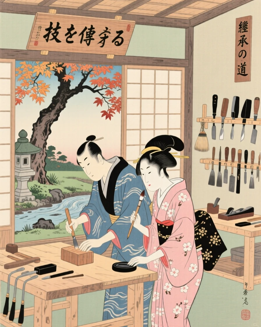 A young couple passing down skills in a quiet workshop.