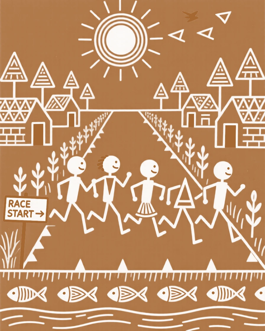 A group of friends racing each other down a village path.