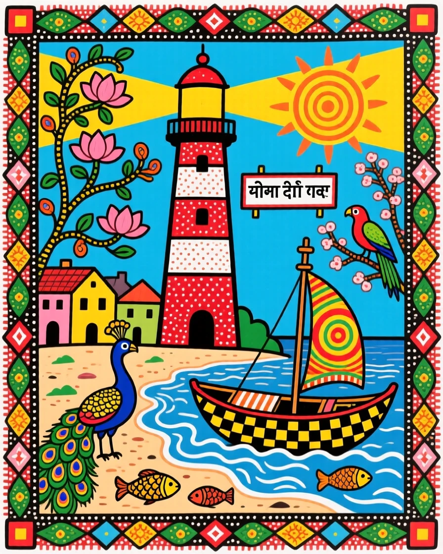 A coastal town with fishing boats resting beneath a lighthouse.