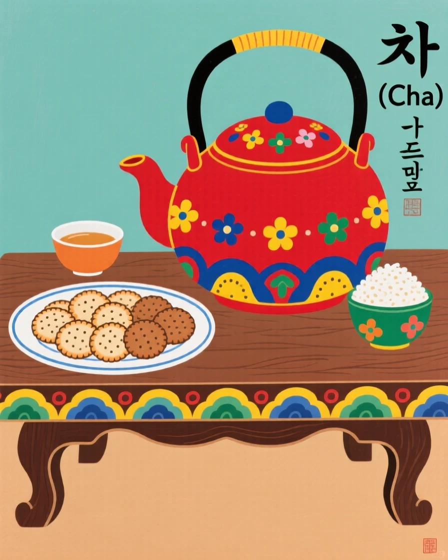 A pot of tea and a plate of rice crackers set on a low table.