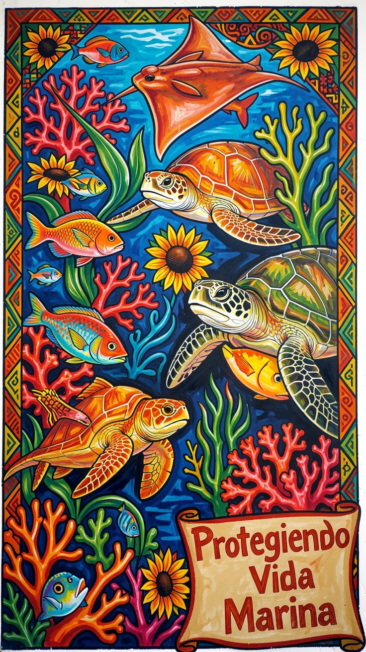 A coral reef bustling with fish, rays, and sea turtles