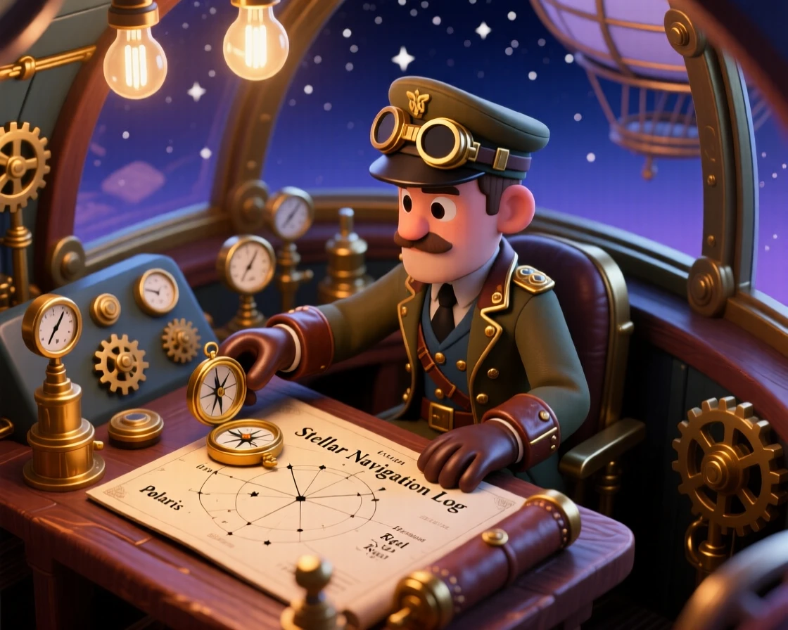 A steampunk airship captain charting a course by starlight, brass instruments glinting on the control panel.