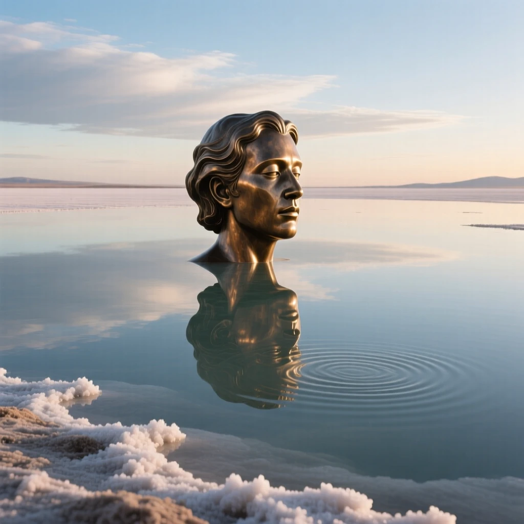 A vast salt lake reflecting a perfect mirror sky, rendered in vivid, atmospheric detail, offering a breathtaking sense of place