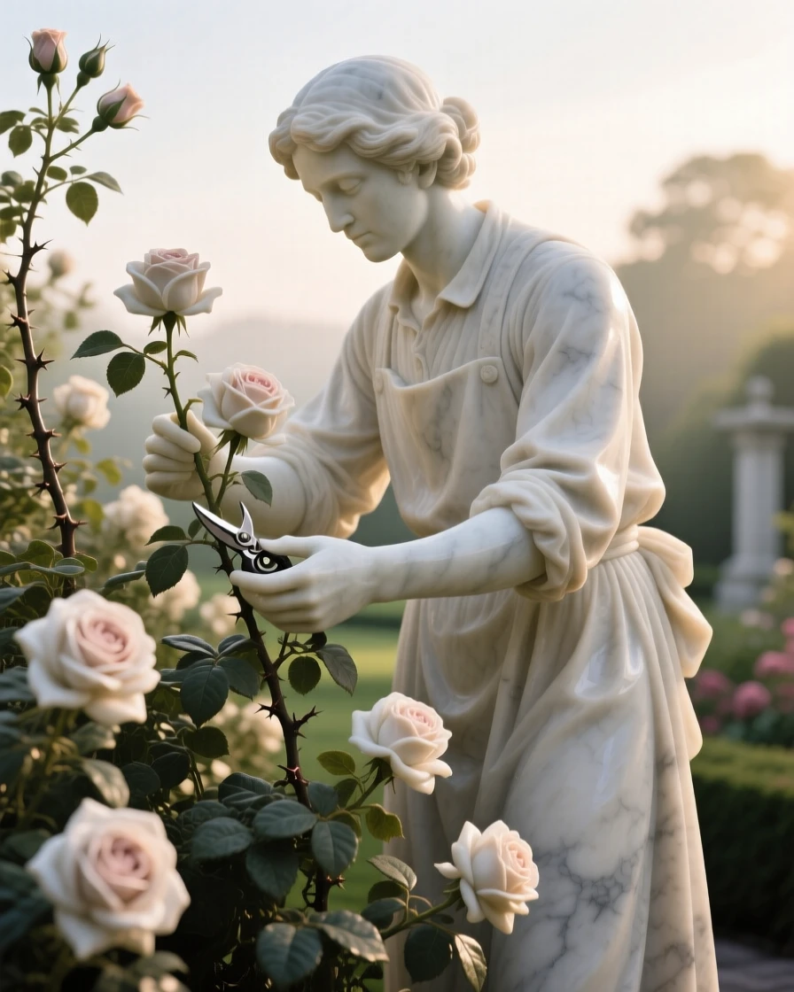 An evocative depiction of a gardener tending roses in early morning light, surrounded by soft, glowing light, balancing detail with emotional depth